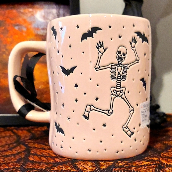 🎉HP🎉 Rae Dunn "Dance 'Til You Drop" Skeleton & Bats Baby Pink Glossy Mug NWT - Picture 4 of 8
